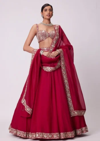 Luxury Red Organza Silk Wedding Lehenga Choli with Paper Mirror Work front look