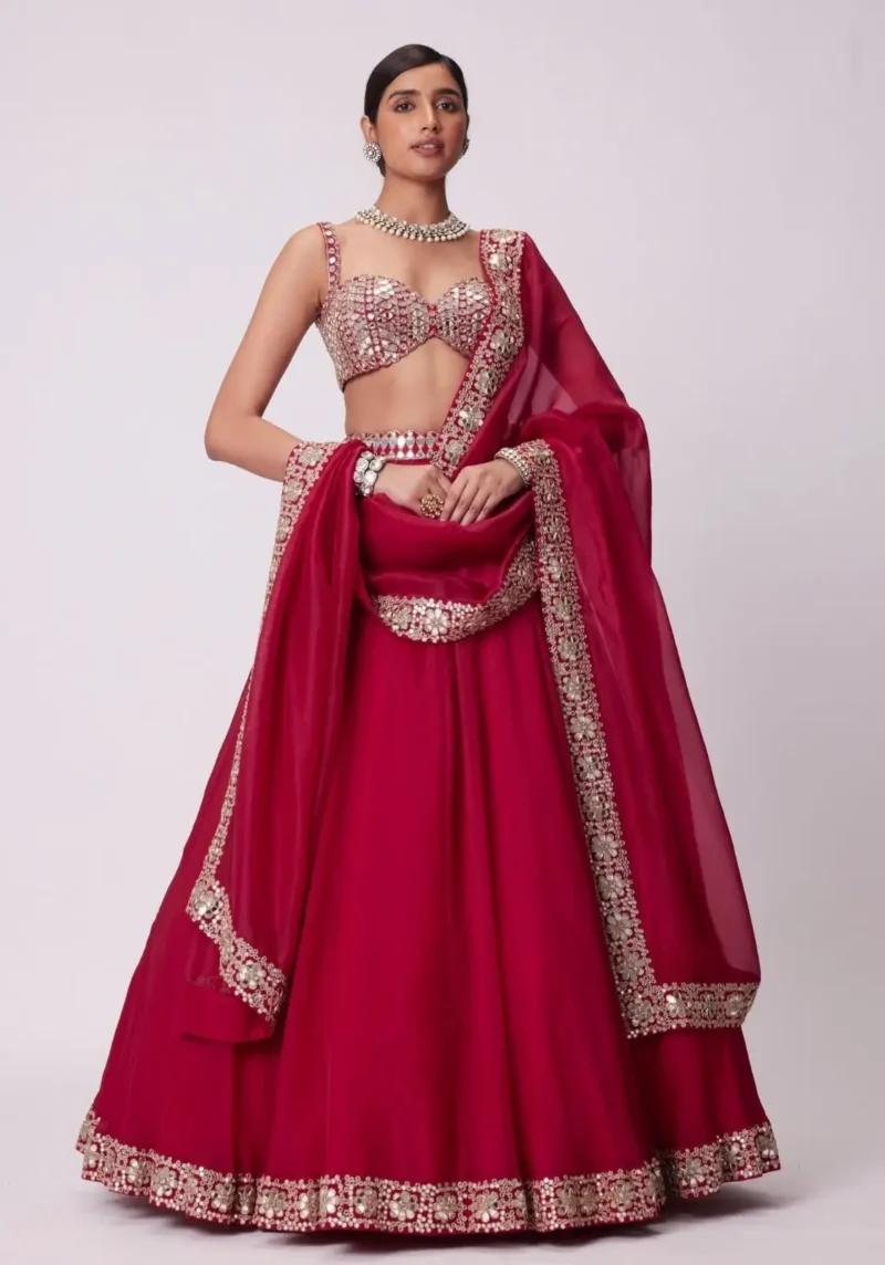 Luxury Red Organza Silk Wedding Lehenga Choli with Paper Mirror Work front look