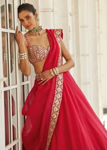 Luxury Red Organza Silk Wedding Lehenga Choli with Paper Mirror Work