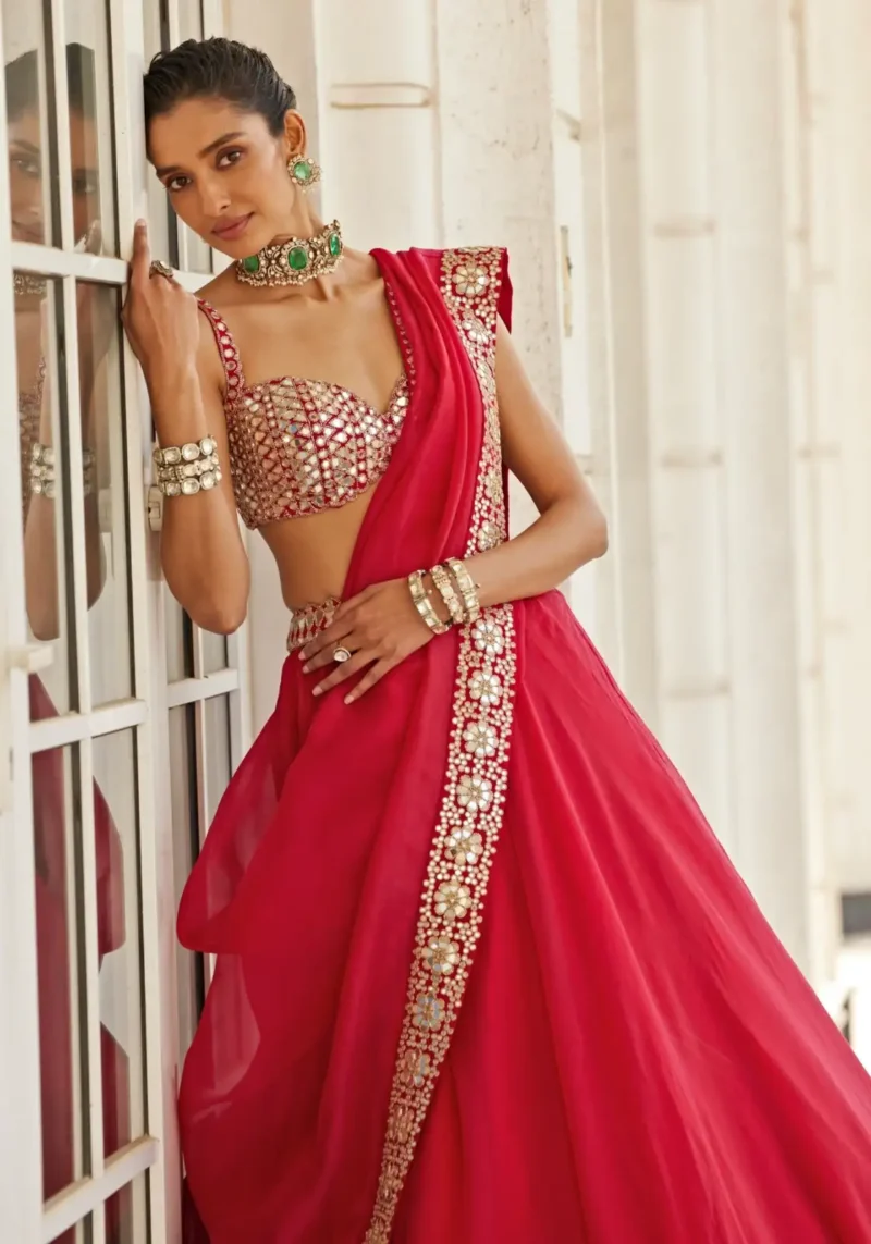 Luxury Red Organza Silk Wedding Lehenga Choli with Paper Mirror Work