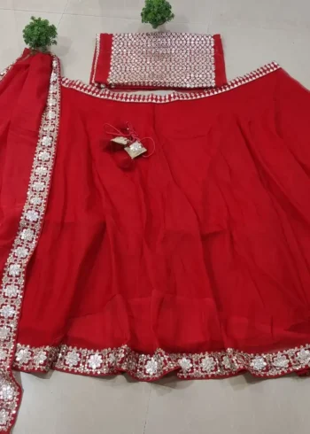 Luxury Red Organza Silk Wedding Lehenga Choli with Paper Mirror Work live real image