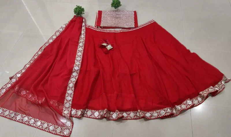 Luxury Red Organza Silk Wedding Lehenga Choli with Paper Mirror Work live real image