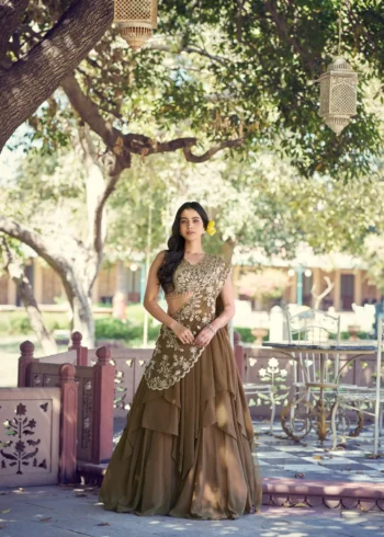 Brown Marble Sequin Threadwork Bridesmaid Wedding Lehenga front look