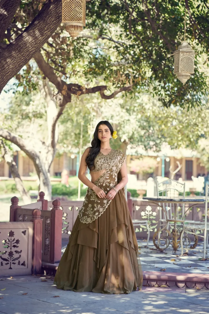 Brown Marble Sequin Threadwork Bridesmaid Wedding Lehenga front look