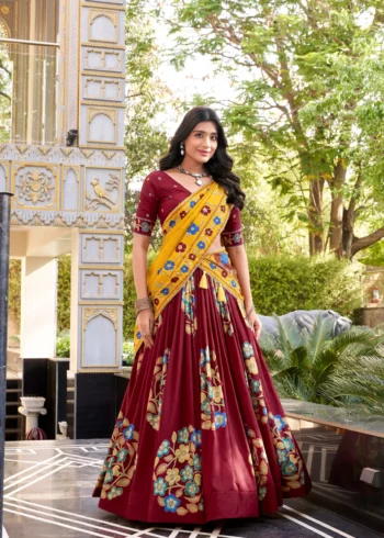 Maroon Tasar Silk Printed South Indian Lehenga with Foil Work front look