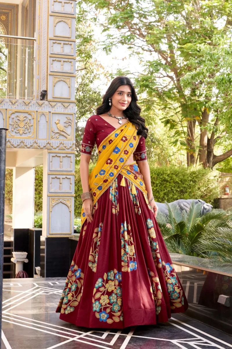 Maroon Tasar Silk Printed South Indian Lehenga with Foil Work front look