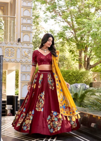 Maroon Tasar Silk Printed South Indian Lehenga with Foil Work flair