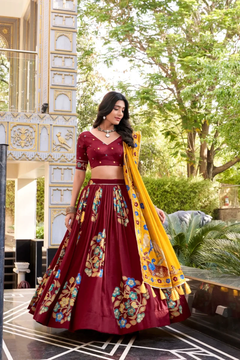 Maroon Tasar Silk Printed South Indian Lehenga with Foil Work flair