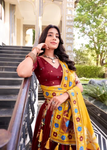 Maroon Tasar Silk Printed South Indian Lehenga with Foil Work close look