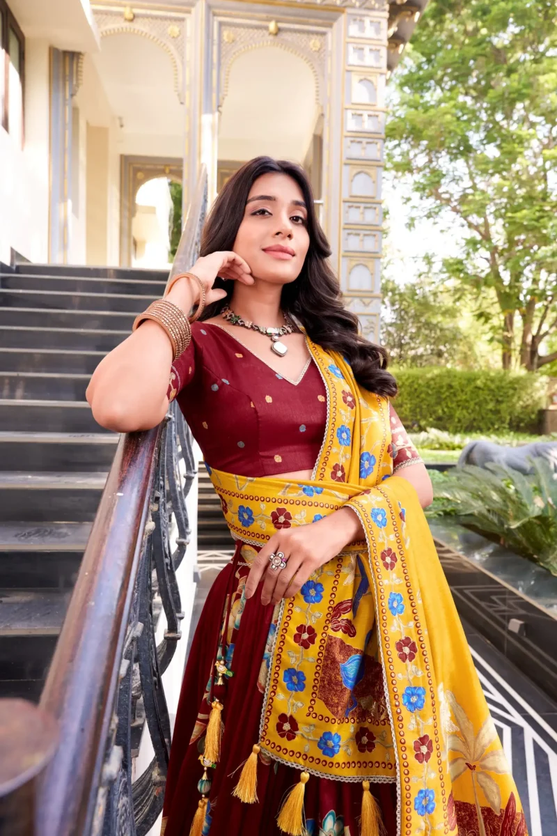 Maroon Tasar Silk Printed South Indian Lehenga with Foil Work close look