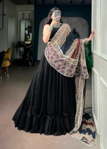 Black Colour Midnight Mirror Lace Garba Navratri Lehenga