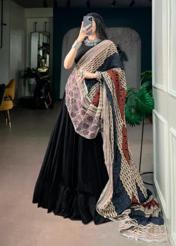 Black Colour Midnight Mirror Lace Garba Navratri Lehenga dupatta look