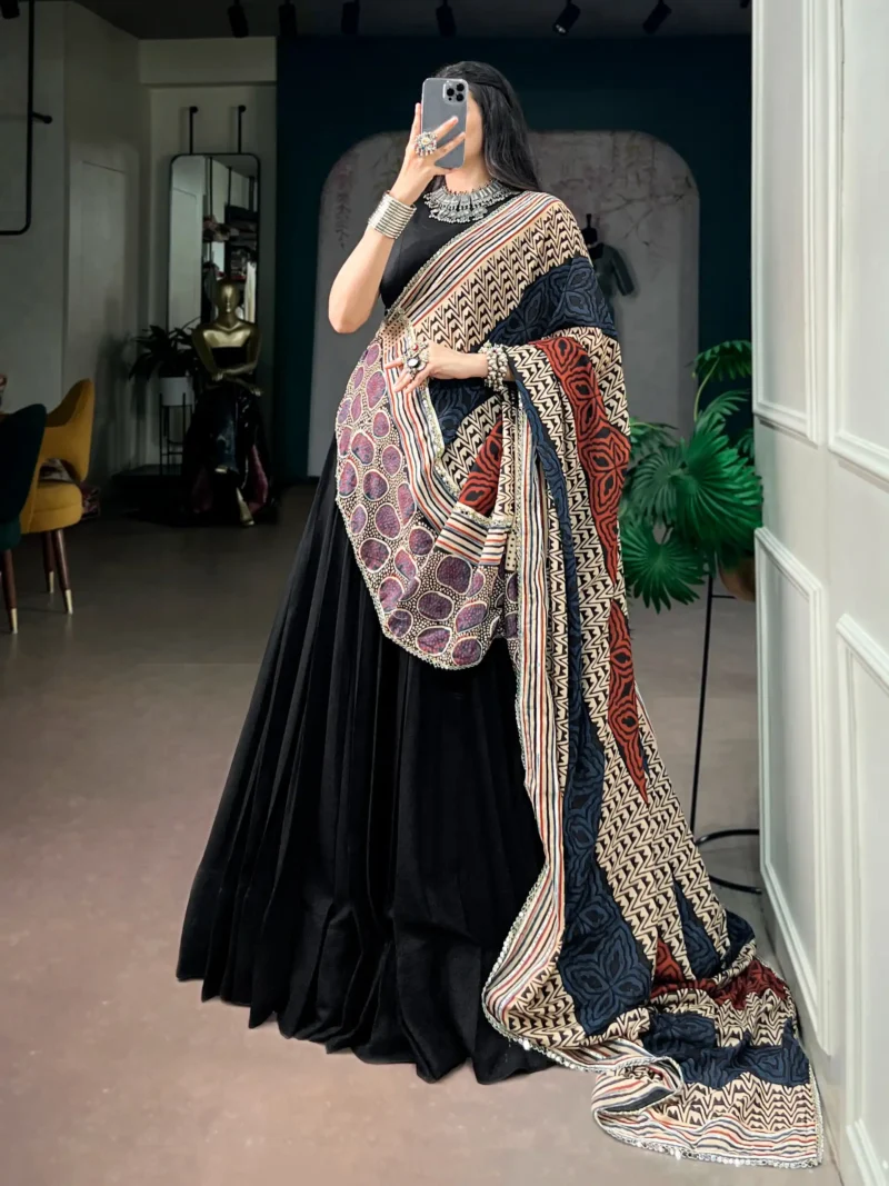 Black Colour Midnight Mirror Lace Garba Navratri Lehenga dupatta look