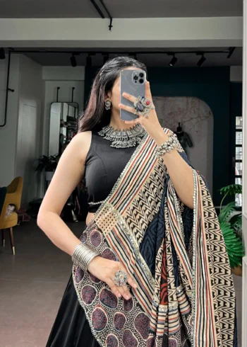 Black Colour Midnight Mirror Lace Garba Navratri Lehenga close look