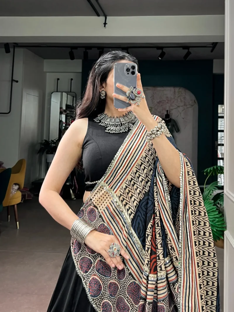 Black Colour Midnight Mirror Lace Garba Navratri Lehenga close look