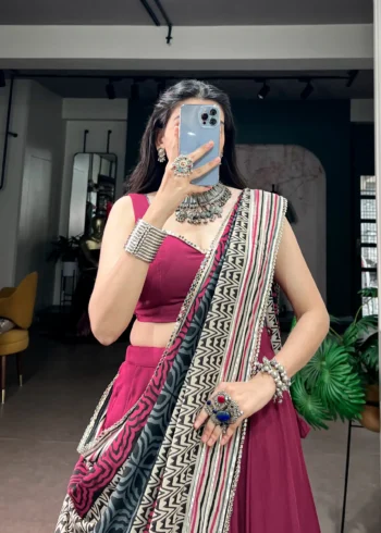 Maroon Colour Midnight Mirror Lace Garba Navratri Lehenga close look
