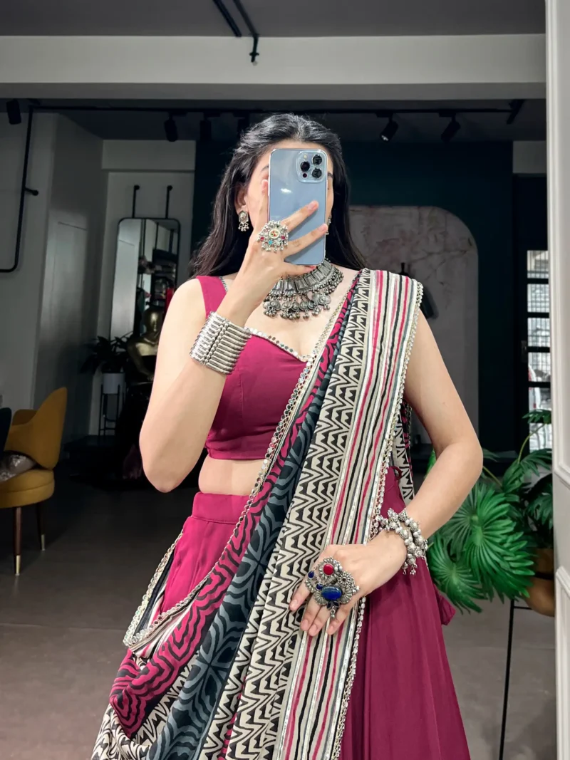 Maroon Colour Midnight Mirror Lace Garba Navratri Lehenga close look