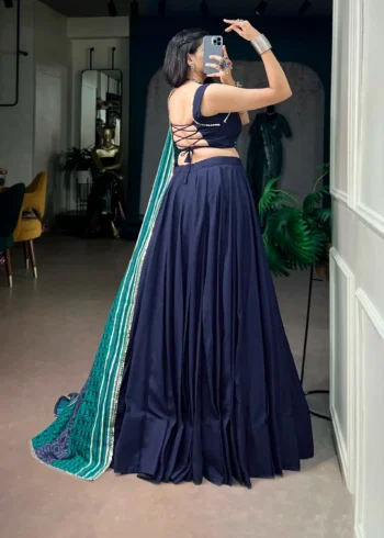 Navy Blue Colour Midnight Mirror Lace Garba Navratri Lehenga back side look