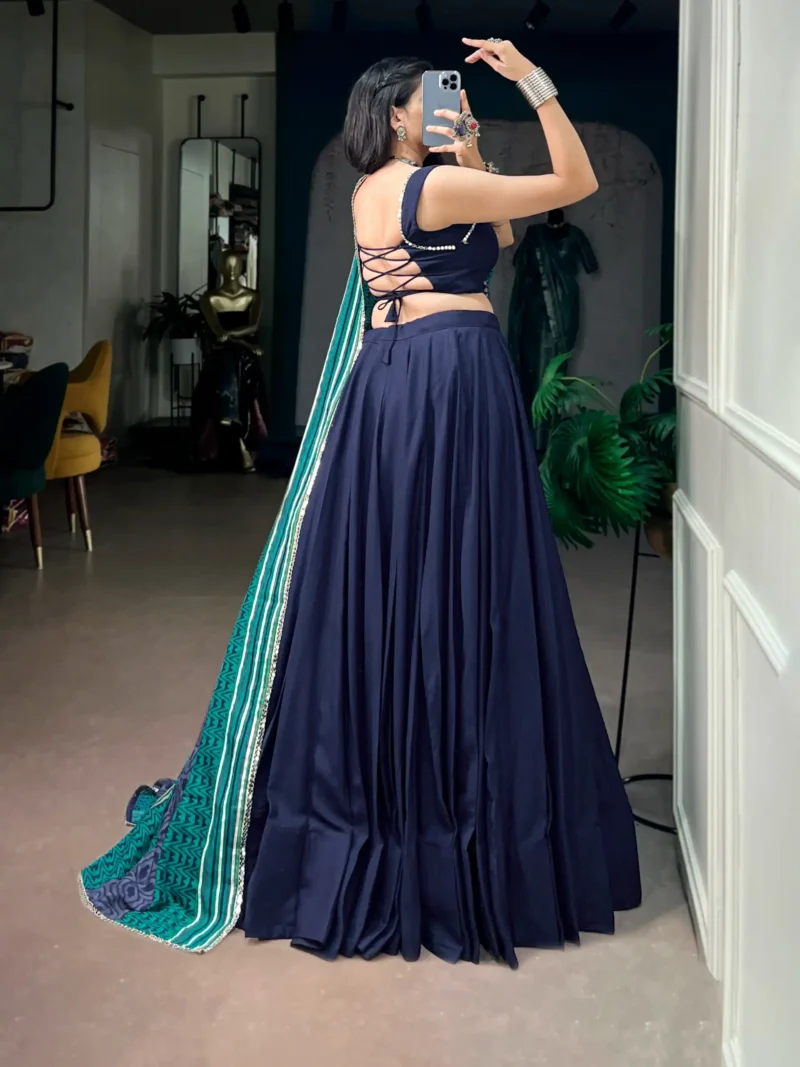 Navy Blue Colour Midnight Mirror Lace Garba Navratri Lehenga back side look