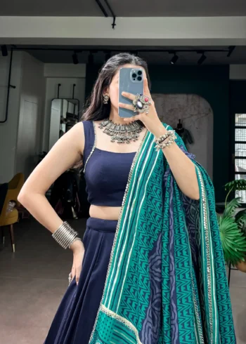 Navy Blue Colour Midnight Mirror Lace Garba Navratri Lehenga close look