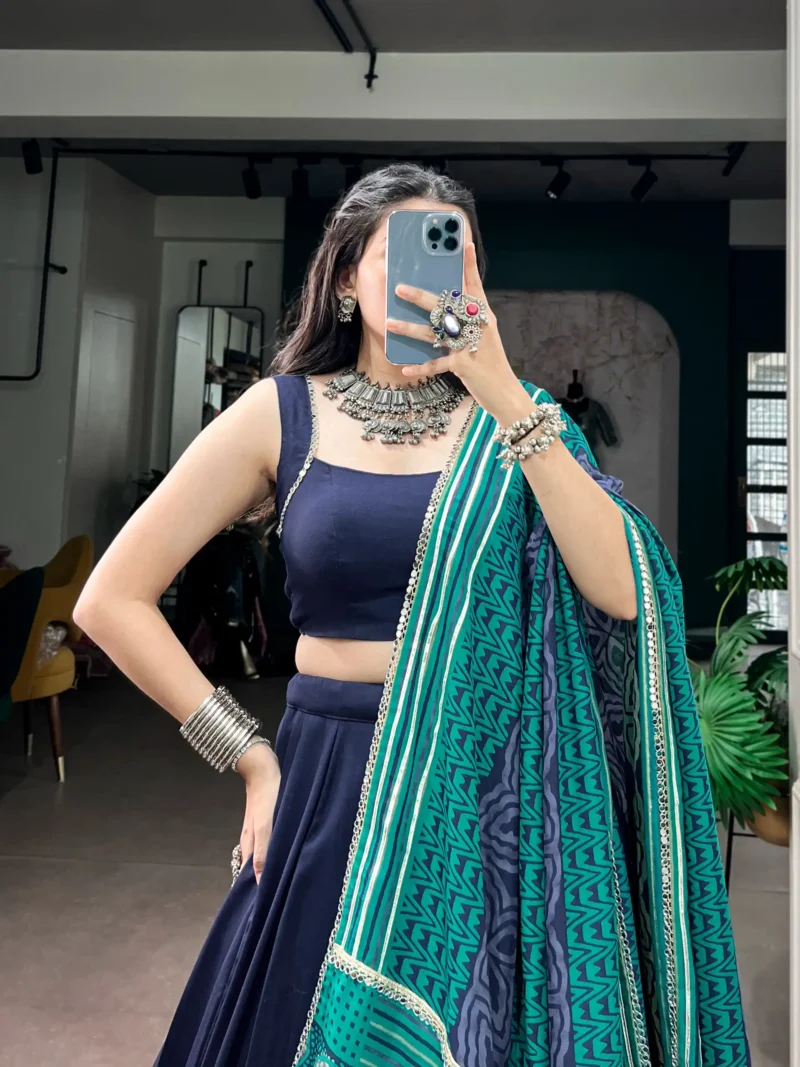 Navy Blue Colour Midnight Mirror Lace Garba Navratri Lehenga close look