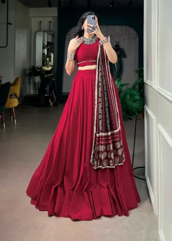 Red Colour Midnight Mirror Lace Garba Navratri Lehenga