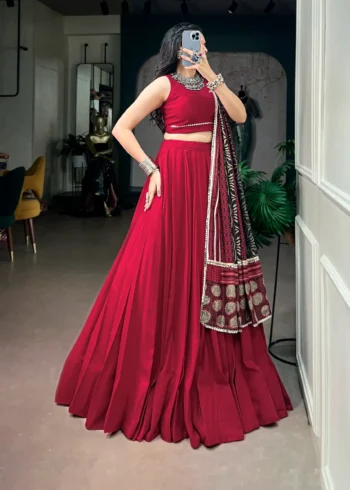 Red Colour Midnight Mirror Lace Garba Navratri Lehenga side look