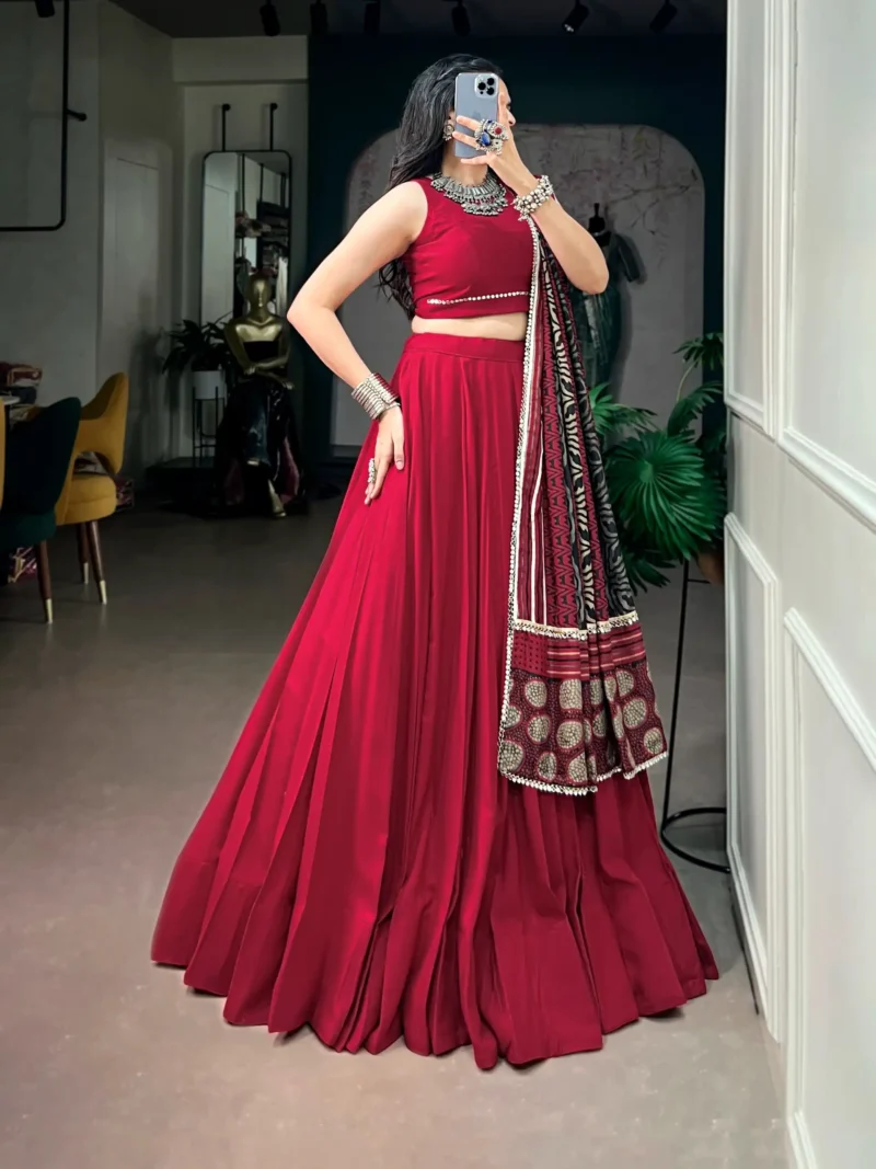 Red Colour Midnight Mirror Lace Garba Navratri Lehenga side look