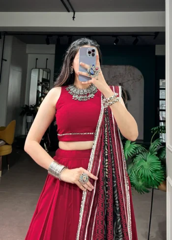 Red Colour Midnight Mirror Lace Garba Navratri Lehenga close look
