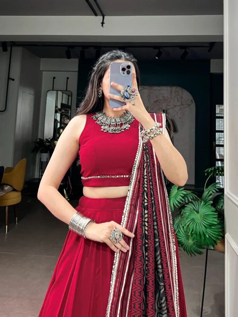 Red Colour Midnight Mirror Lace Garba Navratri Lehenga close look