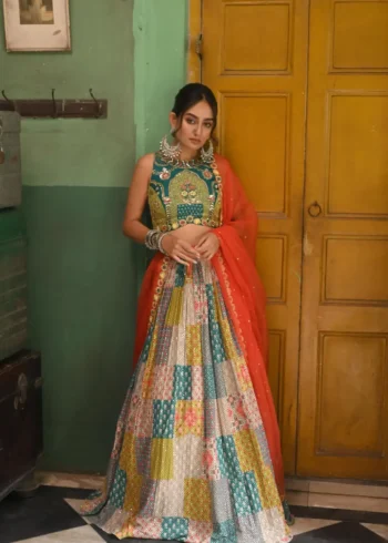 Multicolor Printed French Crepe Silk Navratri Lehenga Choli