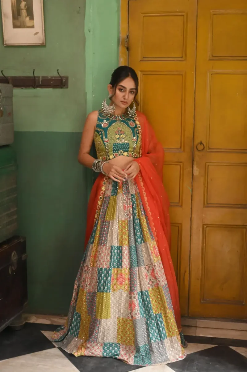Multicolor Printed French Crepe Silk Navratri Lehenga Choli