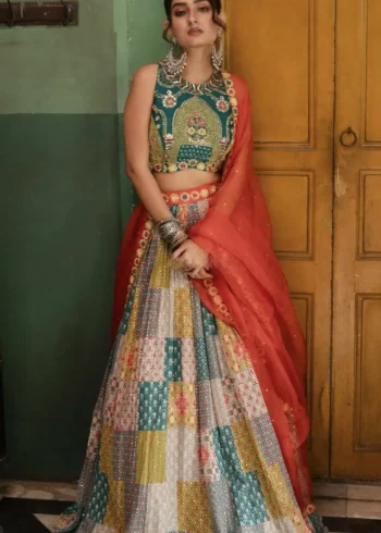 Multicolor Printed French Crepe Silk Navratri Lehenga Choli front look