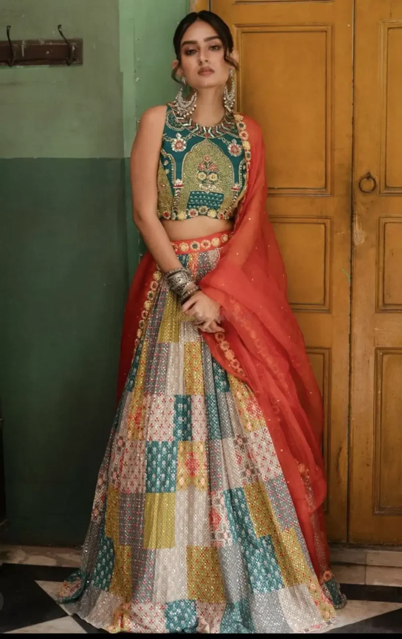 Multicolor Printed French Crepe Silk Navratri Lehenga Choli front look