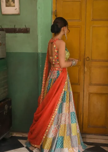 Multicolor Printed French Crepe Silk Navratri Lehenga Choli back design