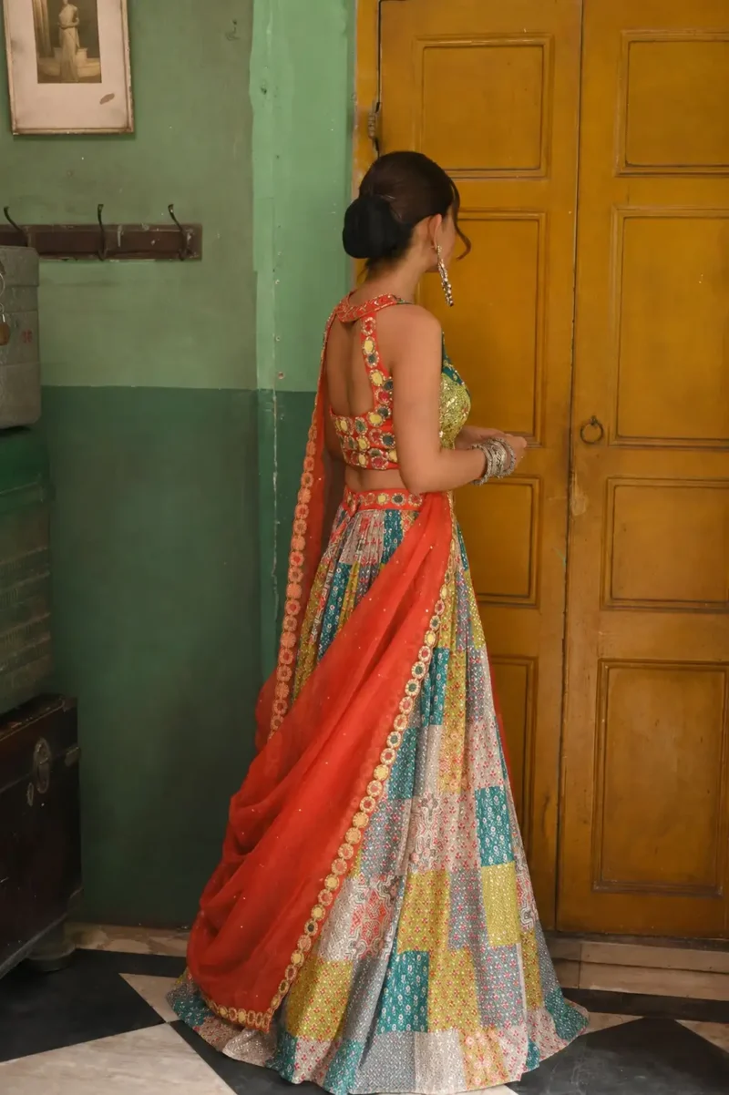 Multicolor Printed French Crepe Silk Navratri Lehenga Choli back design