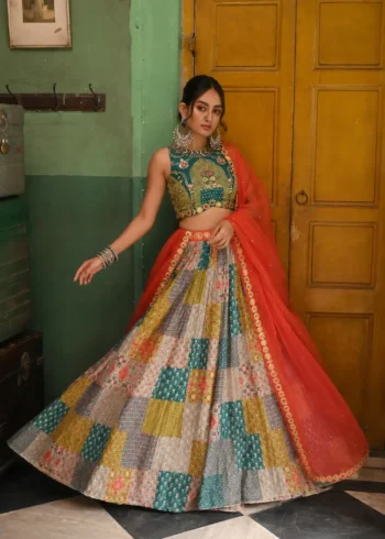 Multicolor Printed French Crepe Silk Navratri Lehenga Choli flair look