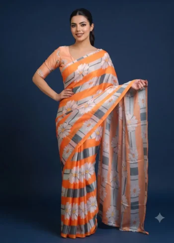 Multicolour Floral Printed Silk Satin Designer Saree full front