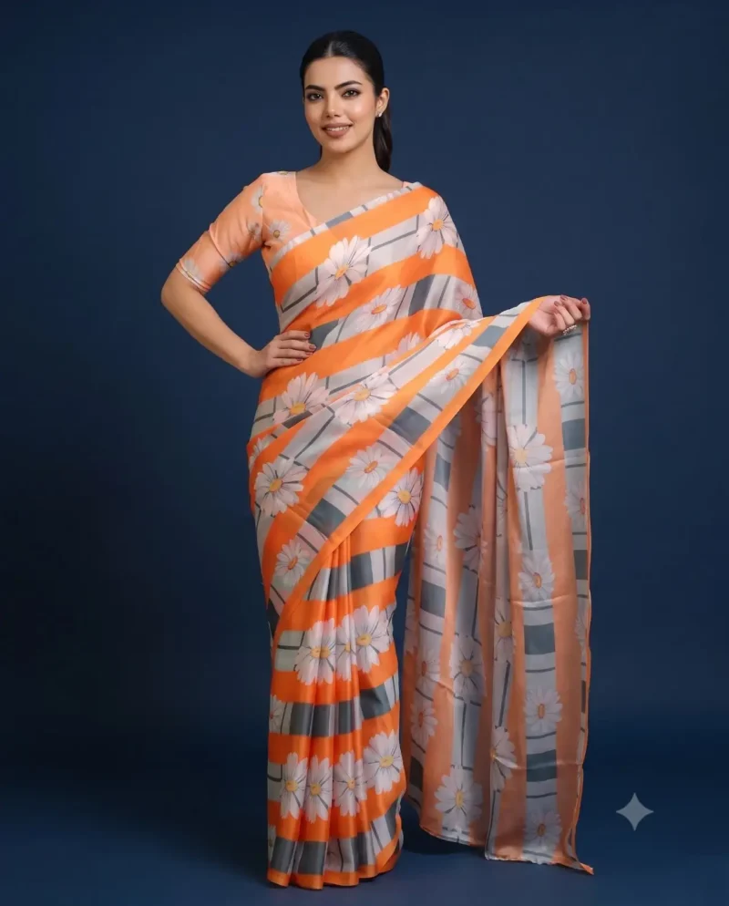 Multicolour Floral Printed Silk Satin Designer Saree full front
