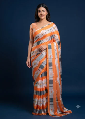 Multicolour Floral Printed Silk Satin Designer Saree front look