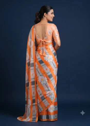 Multicolour Floral Printed Silk Satin Designer Saree back