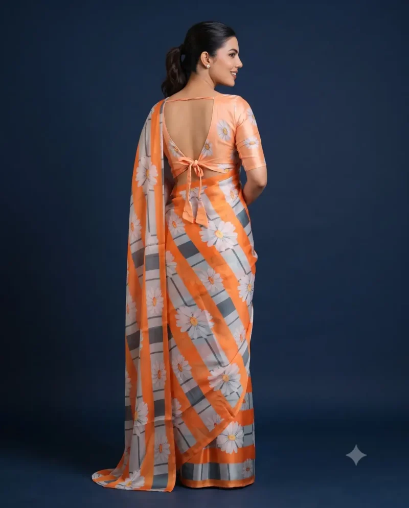 Multicolour Floral Printed Silk Satin Designer Saree back