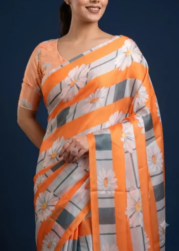Multicolour Floral Printed Silk Satin Designer Saree close