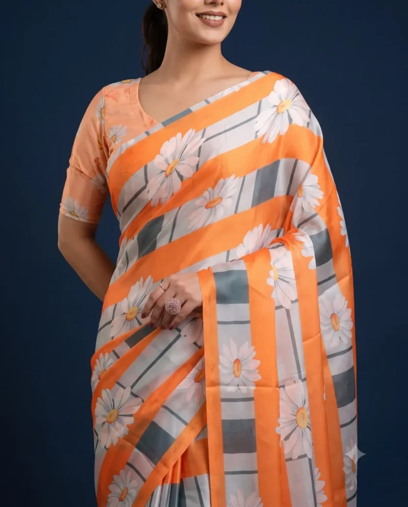 Multicolour Floral Printed Silk Satin Designer Saree close