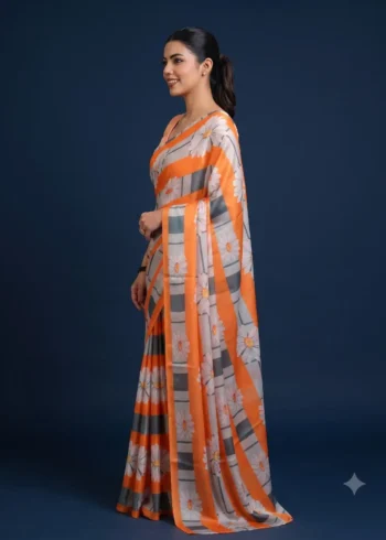 Multicolour Floral Printed Silk Satin Designer Saree