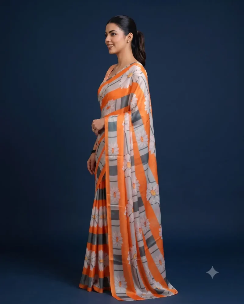 Multicolour Floral Printed Silk Satin Designer Saree