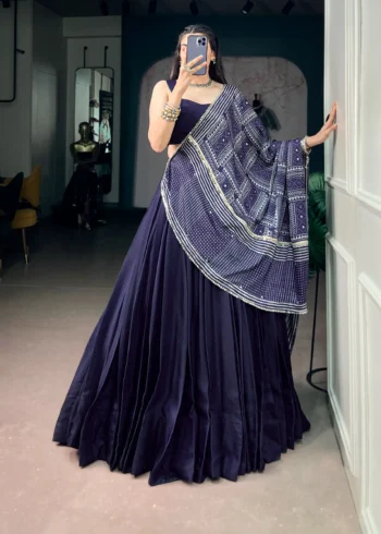 Navy Blue Moonga Silk Dandiya Navratri Lehenga