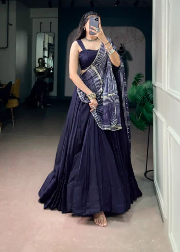 Navy Blue Moonga Silk Dandiya Navratri Lehenga front look