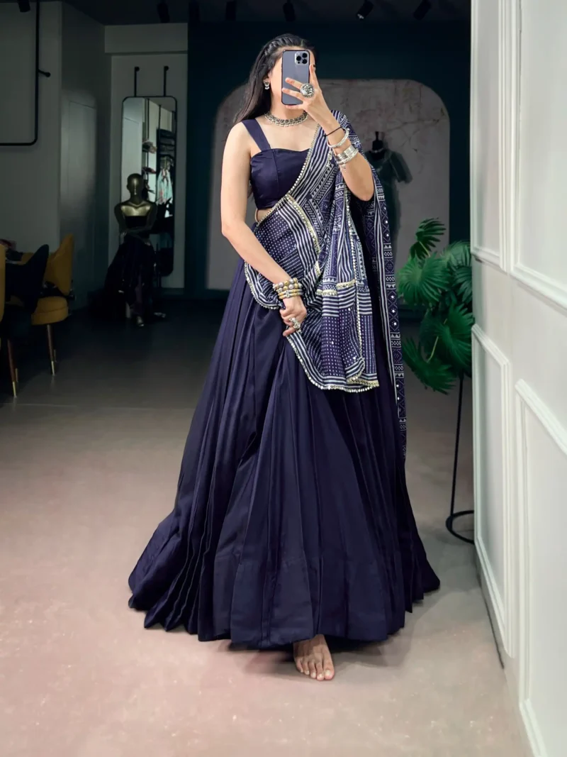 Navy Blue Moonga Silk Dandiya Navratri Lehenga front look