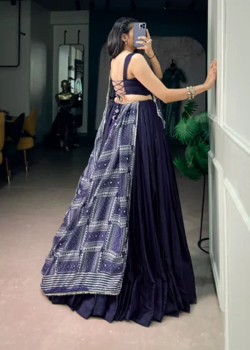 Navy Blue Moonga Silk Dandiya Navratri Lehenga back side look